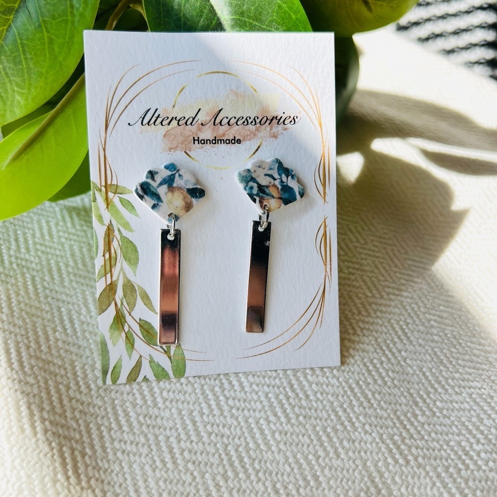 2/$30 Lemon Print Silver Bar Dangle Earrings